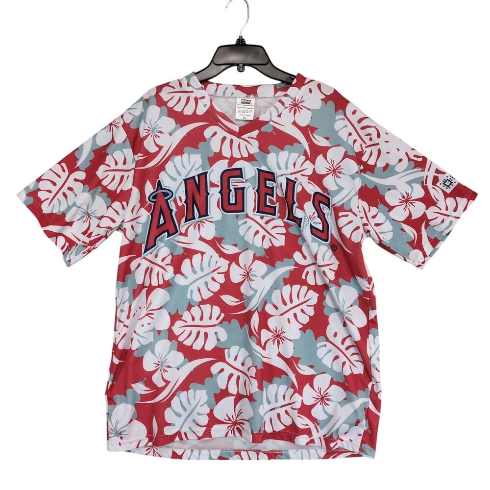 Kloanz Los Angeles Angels Mens XL Red Floral Hawaiian Short Sleeve V-Neck Jersey